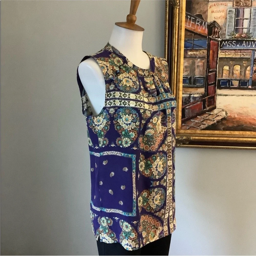 Nanette Lepore Silk Boho Floral Sleeveless Blouse Jewel Tone Print Size 4